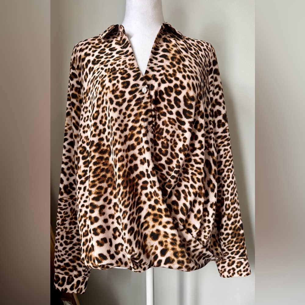 All in Favor Leopard-Print Button Down Blouse in Brown and Cream-NWT-Medium